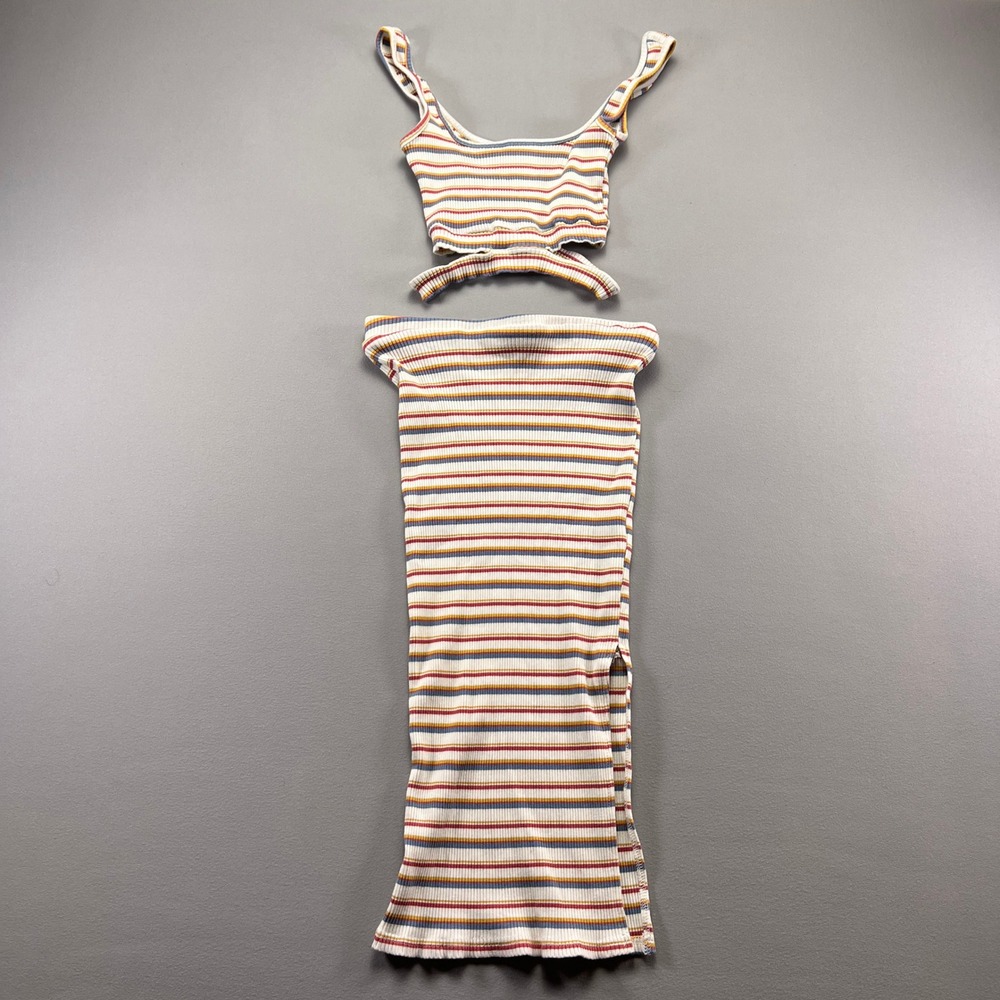 Endless Blu 2 Piece Set Crop Top & Skirt Womens S Multicolor Striped Front Slit